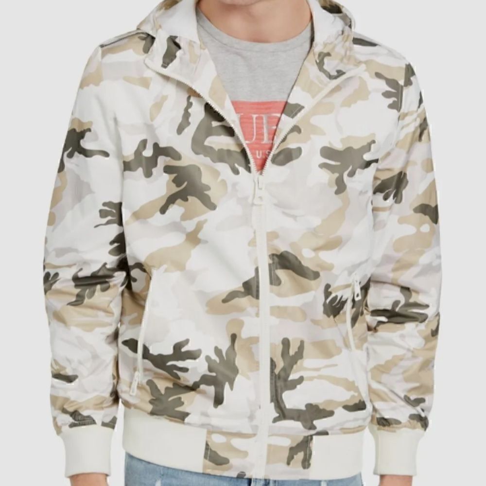 Guess lightweight Camo hooded bomber jacket windbreaker size M